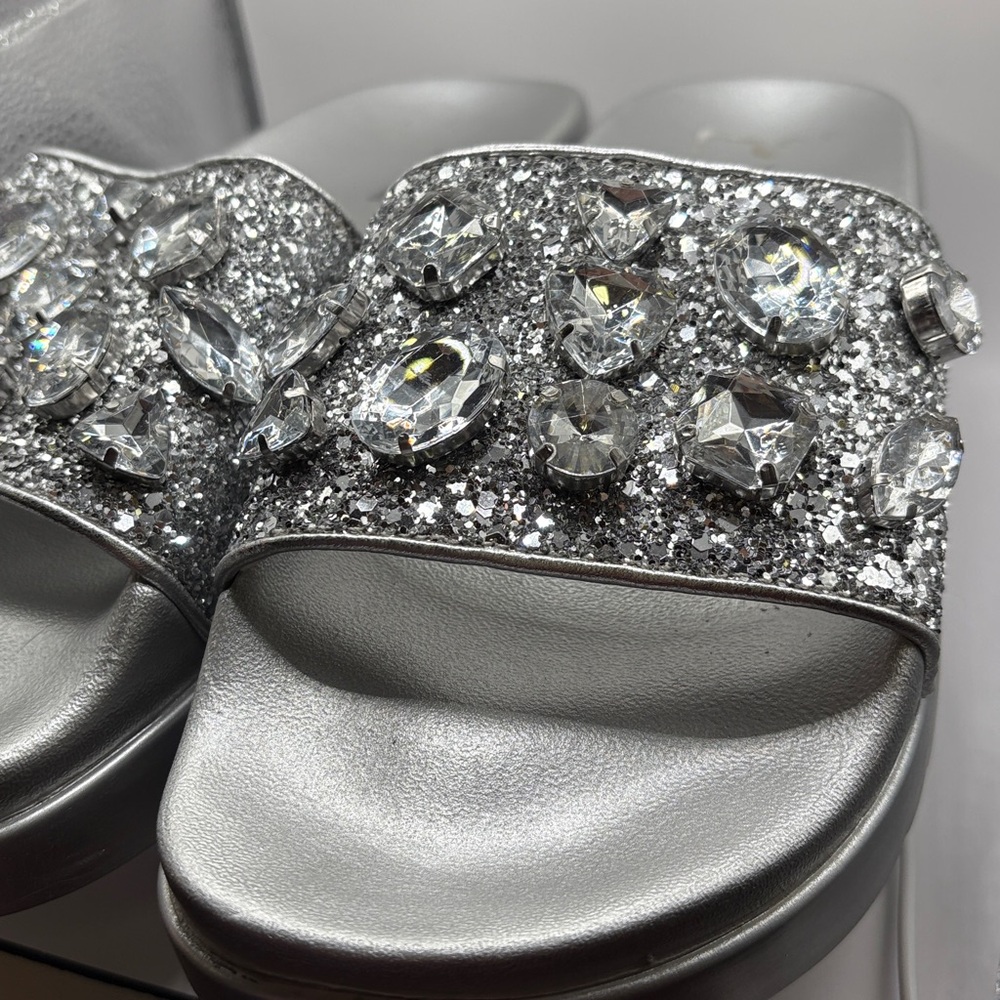 Michael Kors Tyra Silver Glitter Jewel Embellished Slide Sandals Size 9 - Picture 5 of 11